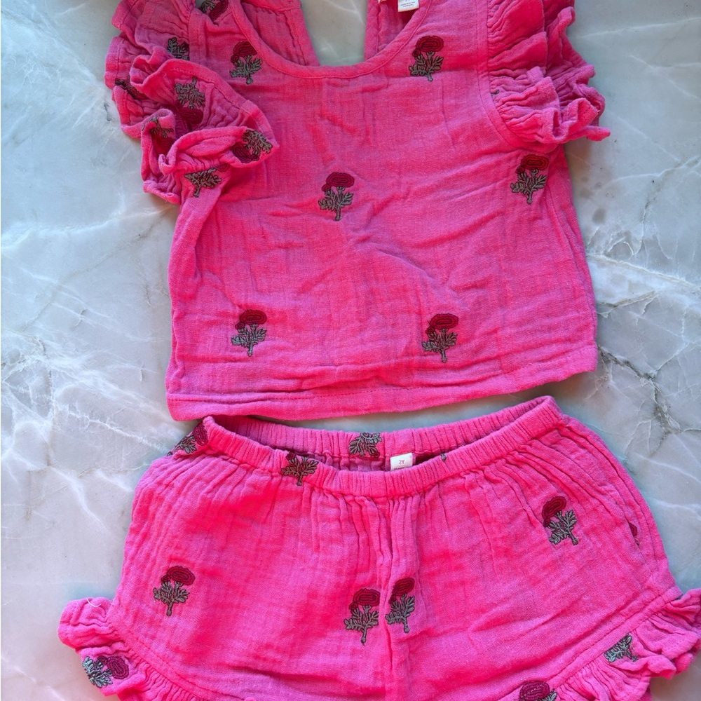 Pink Chicken Floral Embroidered Top and Shorts Set- 2Y